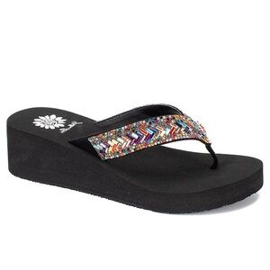 Yellow Box Multicolor Beaded Black Wedge Sandals
